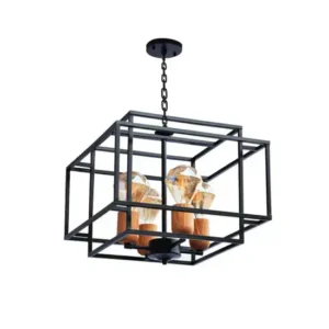 لوستر چوب و فلز چهار لامپی مکعبی