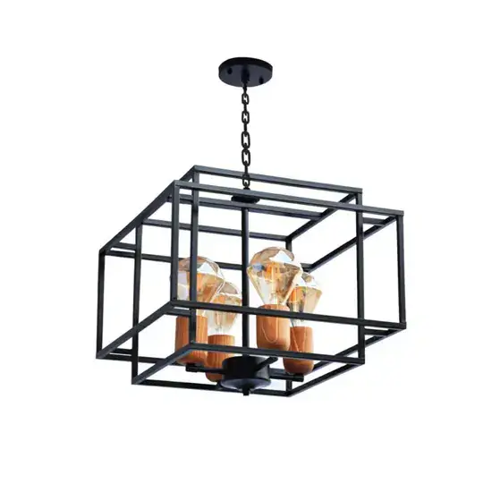 لوستر چوب و فلز چهار لامپی مکعبی