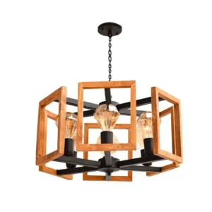 لوستر چوب و فلز 6 شاخه مستطیل